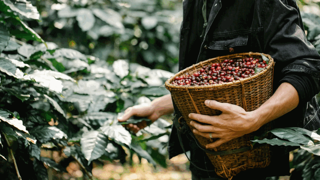 Persona recolectando cerezas maduras de café